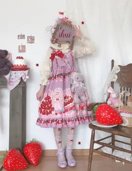 Braškių palace saldus princesė lolita dirželis suknelė vintage falbala aukšto juosmens spausdinimo viktorijos suknelė kawaii girl lolita