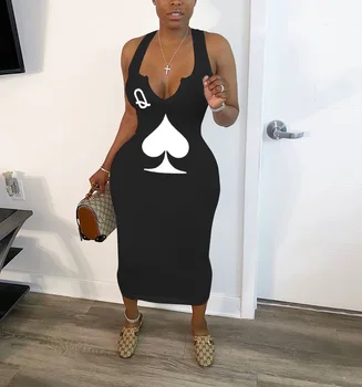 Naujas 2021 m. vasarą moterys black queen pokerio kortelės rankovių v-kaklo bakas bodycon midi vidurio blauzdos suknelė klubas seksualus šalies pieštuku suknelės