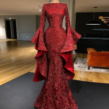 Prabanga Blyksnius Rankovėmis Tamsiai Raudona Aplikacijos Blizgančiais Nėrinių Dubajus Vakaro Suknelės Ilgai Sparkle Undinė Promenadzie Suknelė 2020 chalatas de soiree