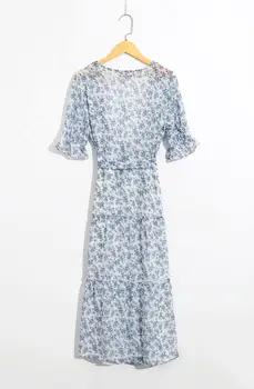 Elegantiškas gėlių spausdinti suknelė moterims pavasario vasaros varčias sexy v kaklo atostogų moterų drabužiai ponios šifono pamušalas midi suknelė