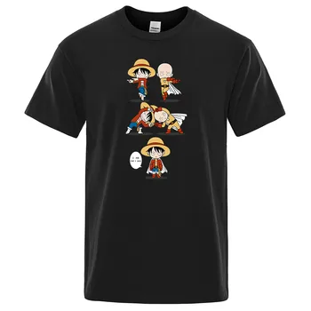 Luffy Myli Saitama Marškinėliai Vienas Gabalas Crossover Vienas Smūgis Žmogaus T-shirt Cool Medvilnės Audinio Juoda Tee Japonų Anime Vyrų Viršūnės