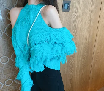 Apynasrio megztinis moteriška 2019 m. rudenį kutas kietas slim mergaičių megzti pasėlių viršų pečių atsitiktinis