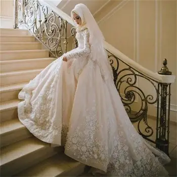 Islamo Vestuvių Suknelės su Hijb ilgomis Rankovėmis, Aukštu Kaklu Kamuolys Suknelė Vestuvių Suknelė su 3D Gėlių Appliqued Nėrinių Vestido De Noiva