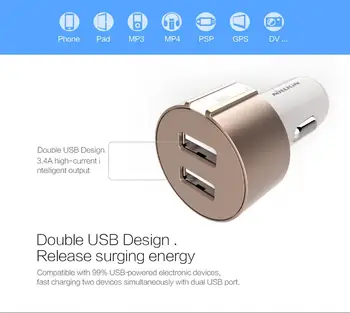 NILLKIN Automobilinis Įkroviklis USB Dual Greitai Įkrauti 5V 3.4 USB Automobilinis Įkroviklis iPhone 