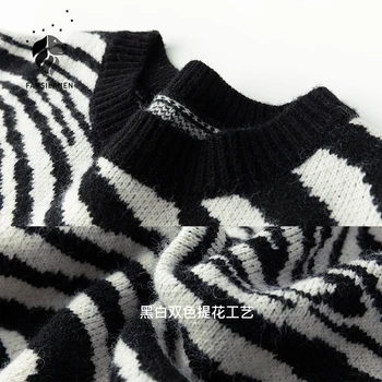 FANSILANEN Zebras spausdinti dryžuotas negabaritinių megzti sewater Moteris rudens-žiemos atsitiktinis megztinis Moteriška derliaus ilgomis rankovėmis megztinis