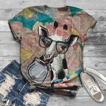 Plius dydis vasaros harajuku moterų marškinėlius 3D gyvūnų karvė, šuo, vištienos spausdinami o-kaklo trumpomis rankovėmis viršūnes tee marškinėliai femme Футболка