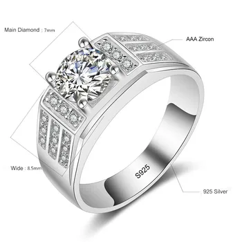 YINHED Nauja Mada Vyrų Vestuvių, Sužadėtuvių Žiedai Kietasis 925 Sterlingas Sidabro Papuošalai 7mm Cirkonis CZ Diamant Žiedas ZR374