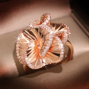 Elegantiškas Camellia Žiedų AAA Cirkonis Vestuvių Žiedai, Moterų, Prabangos Rose Aukso Spalvos Kristalai Sužadėtuvių ir Vestuvių Žiedas Madinga Papuošalai