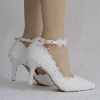 Baltos spalvos nėrinių aukštakulniai vestuviniai bateliai nuotakos šalis batai moterų aukšto kulno batai, vestuviniai bateliai, plius dydis 34-41