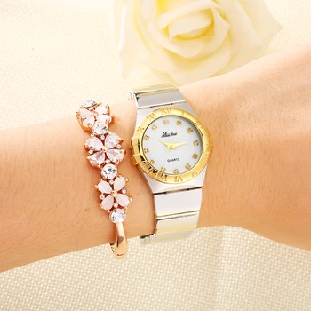 MISSFOX Elegantiškas Laikrodžiai Moterims Diamond Romėniškais Skaitmenimis Pearl Shell Klasikinis Ponios Aukso laikrodis atsparus Vandeniui Moterų Kvarcinis Laikrodis