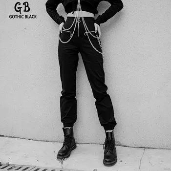 Gothic Black Moterų Slim Kišenėje Grandinės Užtrauktukas Haremo Kelnės 2019 Žiemos Goth Punk Streetwear Moterų Vientisos Spalvos Prarasti Haremo Kelnės