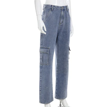 2020 naujas modelis Weekeep Kišenės Kratinys Aukšto Juosmens Džinsai Moterims Streetwear Tiesiai Jean Femme Mėlyna Medvilnės Krovinių Kelnės