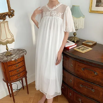 Minkštas Tinklelio Modalinis Moterų Nightgowns Balta Nėrinių Tinkleliu Ilgai Sleepwear Elegantiškas Moteris Derliaus Naktį Princesė Suknelė