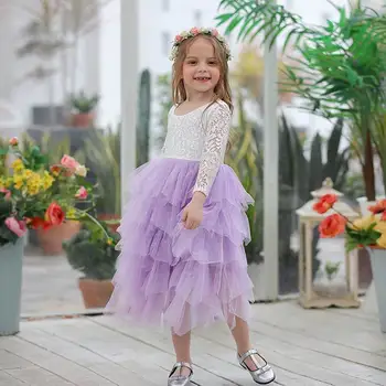 Merginos Princesė Suknelės Nėrinių Gėlių Pakopų Tiulio Maxi Suknelė Ilgomis Rankovėmis Už Vestuves Vaikų Drabužių E17104