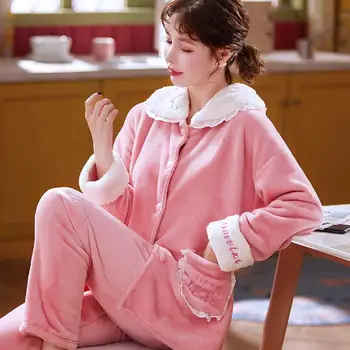 Princesė Sleepwear Moterų Flanelė Rožinė Pižama Sekso Karšto Žiemos Nustatyti Moterų Pajama Nustatyti Visišką Rankovėmis Mygtuką Marškinėliai Homewear Didelis Dydis