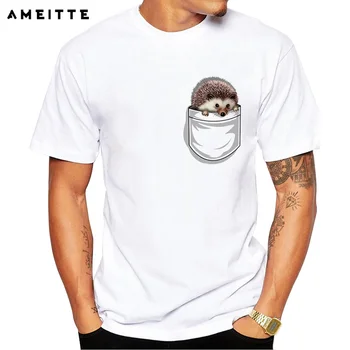 Mielas ežiukas kišenėje T-Shirt Vasaros customied gyvūnų kišenėje marškinėliai vyriški Naujovė Hipster Trumpas Rankovės Pagrindinio Viršūnes Tee