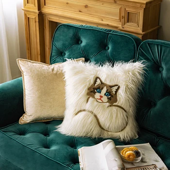 DUNXDECO Pagalvėlė Padengti Dekoratyvinės Aikštės Pagalvės užvalkalą Šiuolaikinės Mielas Balta Katė Siuvinėjimo Pliušinis Coussin Sofa-lova, Kėdės Pagalvėlė Padengti