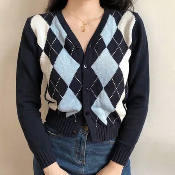 Pledas Megztiniai Moterims Derliaus Viename Krūtinėmis ilgomis Rankovėmis Mados V Neck Slim FIT moterų marškiniai Cardigan megzti striukė