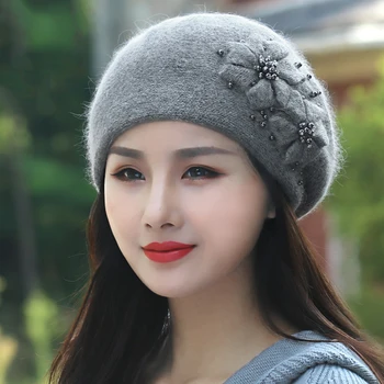 Angoros Beretė Moterų Žiemos Skrybėlę, Mezgimo Kepuraitė Šiltas Gėlių Pearl Atsitiktinis Minkštas Klasikinis Terminio Lauko Priedų Kepurės