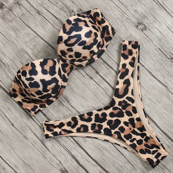 Leopard Bikini Mažas Juosmens Bikini 2020 Kaklaraištis Dažų Bikini Moterims Bandeau Push Up Spausdinti Bikini Off Peties Diržas Paplūdimio Maudymosi Kostiumėlį