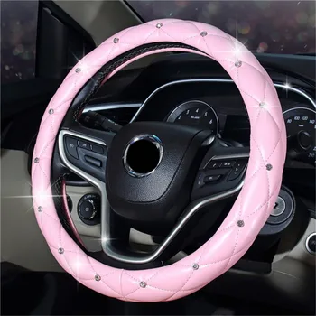 Vairas Padengti moterų diamond Apdaila Automobilio Vairo Dangtelis rožinės spalvos automobilių aksesuarų mergaitėms Blingbling Mielas 37/38cm 15 