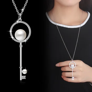 Karšto parduoti mados crystal pearl klavišą moterų 925 sterlingas sidabro ponios'pendant karoliai nuorodą grandinės gimtadienio dovana pigu