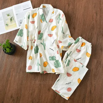 Japonijos Moterų Grynos Medvilnės Pižama Nustatyti Vidurio-rankovės Kimono Tradicinių Miego Dėvėti Kostiumą Spausdinimo Priežastinis Yukata Pižamą Homewear