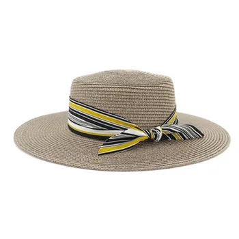 šiaudų skrybėlės moterims vasarą, pavasarį flat top su juostelės juosta bowknot moterų skrybėlės vasaros elegantiškas platus kraštų rankų darbo lauko saulės skrybėlės