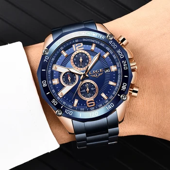 Mados Mėlyna Laikrodžiai Vyrams LIGE Top Brand Prabangių Verslo Vandeniui Kvarco Žiūrėti Atsitiktinis Nerūdijančio Plieno Chronograph Vyrai žiūrėti+Box