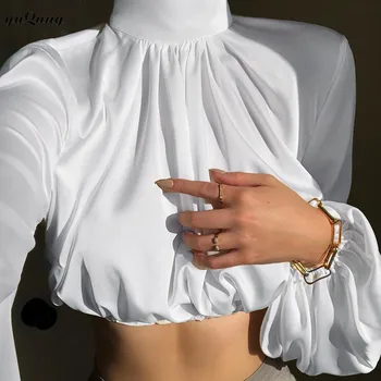 Yuqung Moterų satino, šilko Ilgai žibintų Rankovėmis aukštu kaklu Apkarpyti Viršūnes Palaidinės Prarasti ruched trumpa Palaidinė Ponios Sexy Marškinėliai balti