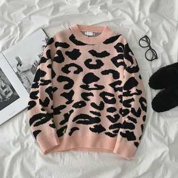 Kimutomo Dviejų dalių Rinkinys Moterims korėjos Mados Prarasti Leopard Megztinis ir Khaki PU Odos Trumpas Sijonas Rudenį 2020 Streetwear