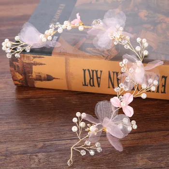 FORSEVEN Saldus Rožinės Spalvos Gėlių Vainikas Crystal Pearl Lankelis Headpieces Nuotakos Vestuvių Plaukų Aksesuarai Moterims Nuotaka Noiva