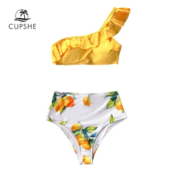 CUPSHE Geltona Citrinos Spausdinti Vienos Pečių paaukštintu liemeniu Bikini Rinkiniai, Seksualus maudymosi kostiumėlis Dviejų dalių maudymosi Kostiumėliai Moterims, 2021 Paplūdimio Maudymosi Kostiumai