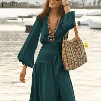 ZANZEA Elegantiškas Moteris Giliai V-Kaklo, ilgomis Rankovėmis Maxi Sundress Pavasario Bohemijos Paplūdimio Ilga Suknelė Atsitiktinis Padalinti Hem Šalies Vestidos 2021