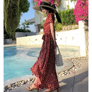 Vasarą Moterys Gėlių Spausdinti Pynimas Maxi Suknelė Elegantiškas Boho Atostogas Atogrąžų Long Beach Suknelė Vintage Korėjos Kilimo Ir Tūpimo Tako Bordo Suknelė