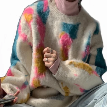2020 m. Žiemos Nauja Spalvinga Vaivorykštė Mados Megztinis moterims Elagant Termperament Lengvas Megztiniai Prarasti Negabaritinių Laisvalaikio Megztiniai