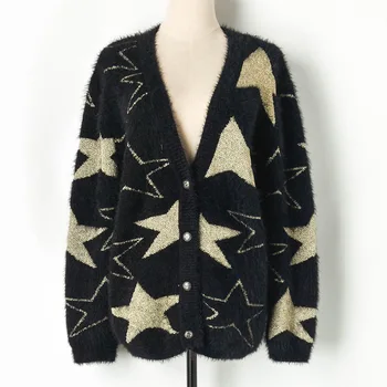Moterys, Negabaritinių Džemperis Cardigan 2019 M. Rudenį, Žiemą Storas, Šiltas Aukso Žvaigždžių Dirbtiniais Megztos Audinės Kailio V Kaklo Vieno Krūtinėmis Outwear