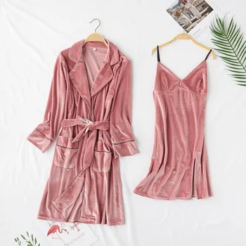 2 Gabalus (Skraiste+Pižamą)Moterų Apdaras Nustatyti pižama Nustatyti Rudenį&Žiemos Naujas Veliūras Sleepwear naktiniai drabužiai Badgown Atsitiktinis Homewear M-XL