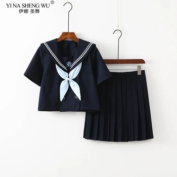 Japonų Mokyklos JK Uniformas, Klostuotas Sijonas Jūrininkas Kostiumai Kolegijos Vėjo Kostiumas Moterų Mokinių Uniformos Tamsiai Mėlyna Cosplay Kostiumai