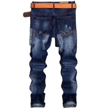 2019 Vyrų Džinsai Dizaino Mados Dviratininkas Skylę Džinsai Slim straight Ripped Jeans Blue Prekės ženklas Atsitiktinis Mens TrousersPius dydis 28-42