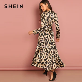 SHEIN Vyksta Spalvotų Surplice Wrap Satino Leopard Giliai V Kaklo Pusė Rankovių Suknelė Elegantiškas Moteris Rudenį Šiuolaikinės Mergina Suknelės