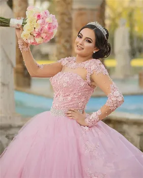 Žavinga Rožinė Kamuolys Suknelė Saldus 16 Quinceanera Suknelę ilgomis Rankovėmis Nėrinių 3D Gėlių Vestidos 15 Anos Plius Dydis Inscenizacija Prom Chalatai