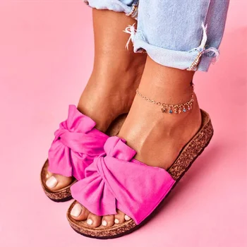 Moterų Sandalai Candy Spalva Butas Sandalai Vasarą Bateliai Moteris Lankas-mazgas Šlepetės Paslysti Ant Sandalai Chaussure Femme Vasaros Avalynė
