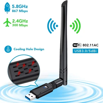 USB 3.0 WiFi Adapteris WiFi Dongle 1200Mbps 802.11 Ac Belaidžio Tinklo Adapteris su Dual Band 2.42 GHz/5.8 GHz 5DBi Antenos