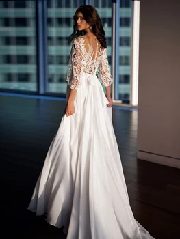 A-Line Wedding Dresses O Kaklo Trys Ketvirtį Žibintų Rankovėmis, Cut-Out Nėrinių Lankas Iliuzija Mygtuką 2021 Ilgai Naujos Ilgos Vestuvinės Suknelės