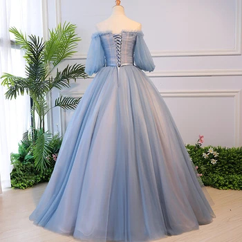 Tai YiiYa Vestuvių Suknelė Elegantiška Mėlyna Žibinto Rankovės Vestuvių Suknelės Lankas Nėriniai Plius Dydis Grindų Ilgio Chalatas De Mariee CH069