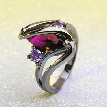 Žavesio Moterų Violetinė Crystal Akmens Žiedas Derliaus 14KT Juodojo Aukso Sužadėtuvių Žiedai Moterų Klasikinis Lapų Cirkonis Vestuvių Plonas Žiedas