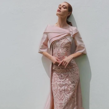 Eightree Arabų Undinė Vakaro Suknelės Ilgai Nėrinių Blush Pink Oficialią Šalies Chalatai Satino Pusė Rankovės Šalies Proga Prom Dresses