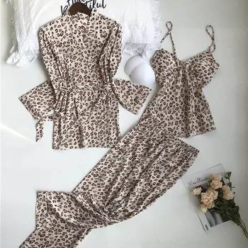 3PCS Moterų Pižama Nustatyti Lady Emuliacija Šilko Pyjama Rinkiniai Gėlių Sleepwear Moterų Leopard Satino Homewear Su Nuimamas Paminkštinimas