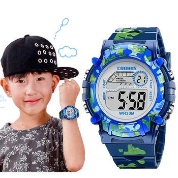 Tamsiai Mėlynos spalvos Kamufliažas Vaikai Laikrodžiai LED Spalvinga Flash Skaitmeninės Vandeniui Signalizacijos Berniukų, Mergaičių Dienos, Savaitės Kūrybos Vaikų Laikrodis